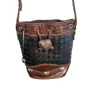 Vintage Woven Leather Bucket Bag Brown Black Heart Crossbody Western Boho